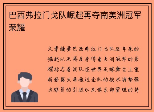 巴西弗拉门戈队崛起再夺南美洲冠军荣耀