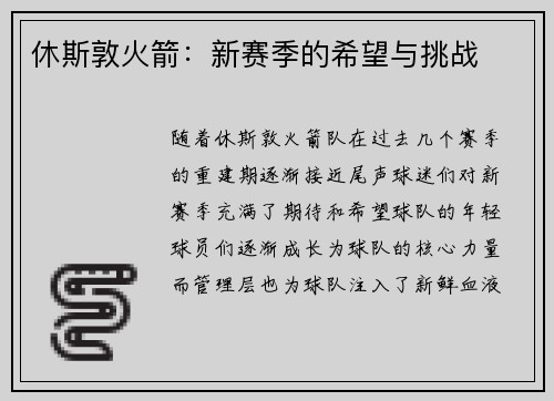 休斯敦火箭:新赛季的希望与挑战 休斯敦火箭:新赛季的希望与挑战